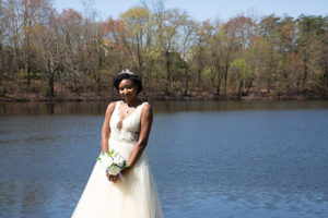 bride in front of lake at Kentlands Mansion